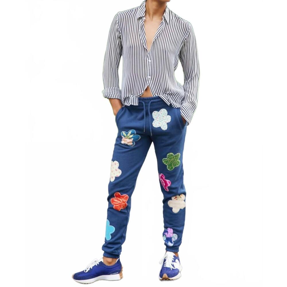 NEW RIALTO JEAN PROJECT mixed print floral sweatpants in navy
